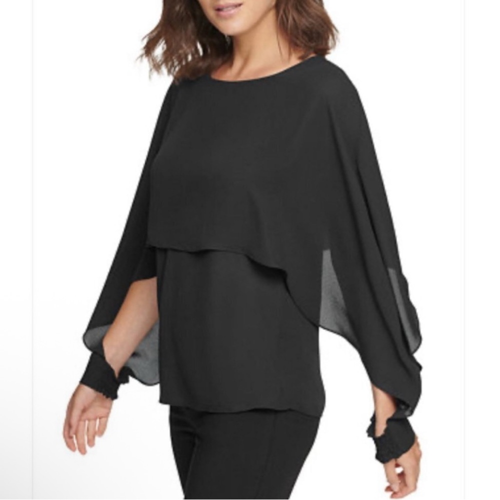 Marc New York Black Cape Overlay Blouse – Sheer Chiffon Wing Sleeve Top XL - Picture 2 of 8